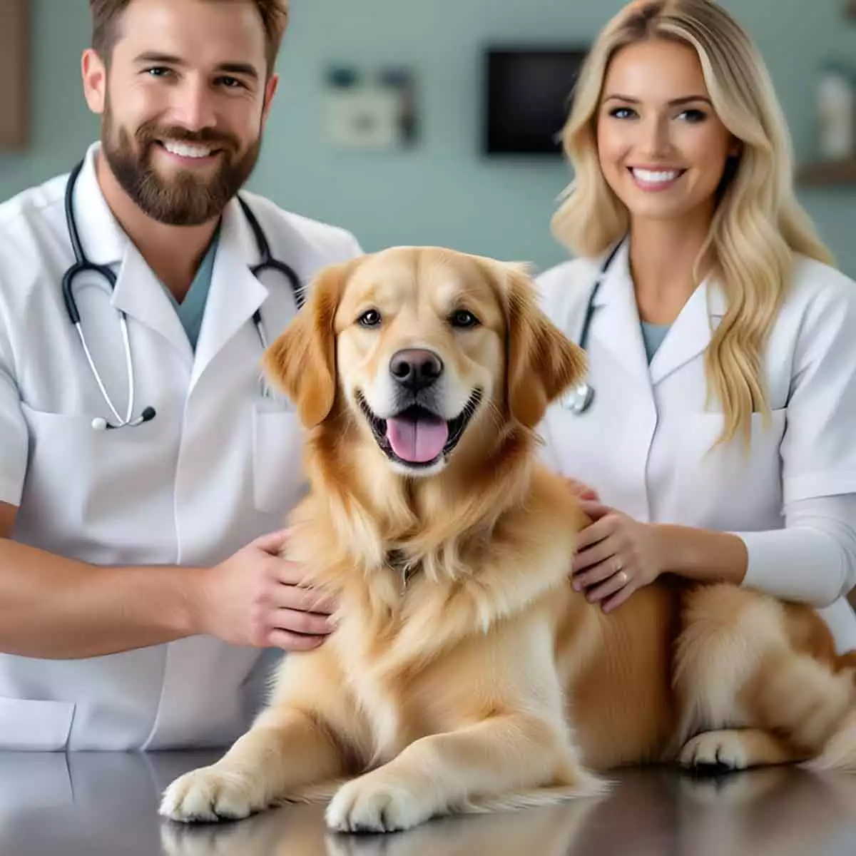 Symbolbild einer kleintierpraxis mit freundlichem Tierarzt mit Retriever